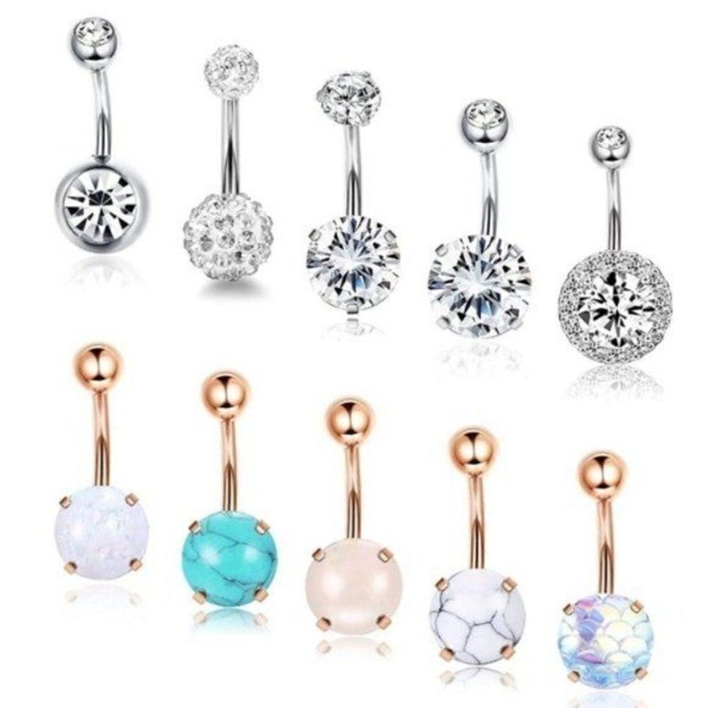 14G Rose Gold and Silver with Cubic Zirconia Belly Rings - Set of 10